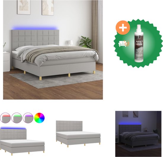 vidaXL Boxspring met matras en LED stof lichtgrijs 160x200 cm - Bed - Inclusief Reiniger