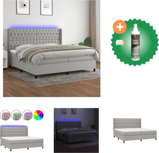 vidaXL Boxspring met matras en LED stof lichtgrijs 200x200 cm - Bed - Inclusief Reiniger