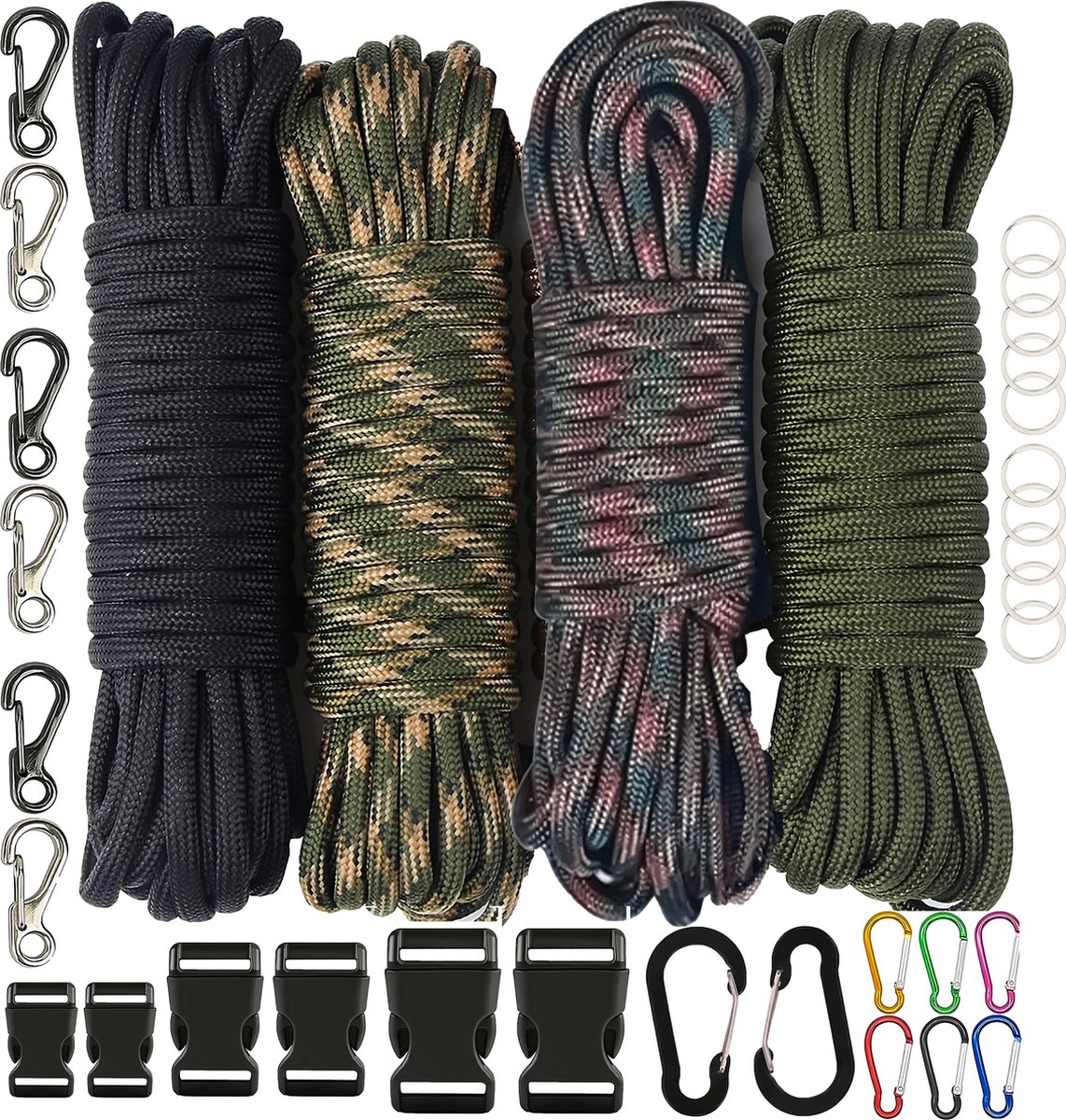 60 meters Paracord Touw Compleet Pakket in 4 Kleuren - 4mm Parakoord 550 met Sluitingen, Karabijnhaak, Sleutelringen, Musketon, Klikgesp - Knutselen Set voor Volwassen, Kinderen, Meisjes - Armbandjes, Lanyard, Sleutelhanger Maken Knutselpakket