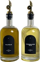 Olie dispenser - 2 stuks - Met Nederlandse voorbedrukte en blanco ovale labels zwart - keuken - inclusief trechter en stift - Met gouden schenktuit - Glas- Oliefles - olijfolie - 500 ml - Goud