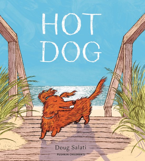 Boek 'Hot Dog' met een illustratie van een oranje, harige hond op een houten pad naar het strand. De tekst 'HOT DOG' staat in witte letters op een blauwe lucht.