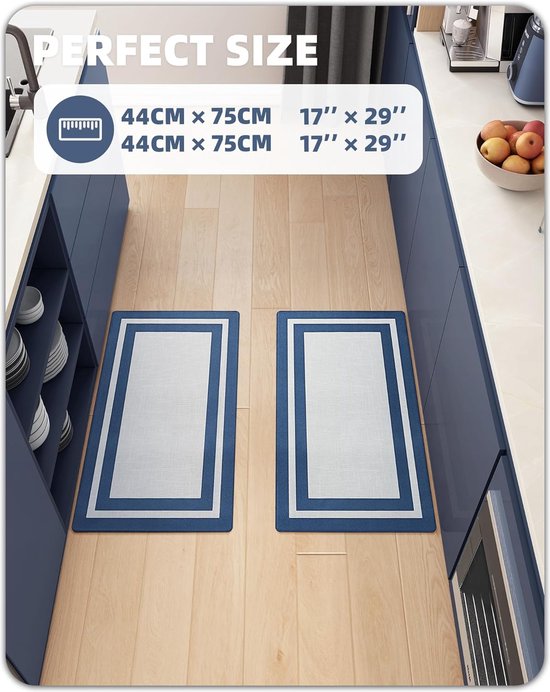 Super Absorberend Keukenmat 44 x 75 + 44 x 75 cm, Snel Droog Keukenmat Anti slip Wasbaar, Keukenmat voor Keuken, Eetkamer, Wasruimte (Blauw)