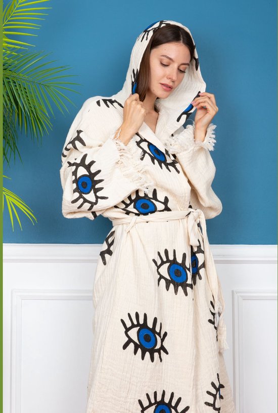 Trimita Boze Oog - Badjas Dames - 100% Katoen Hydrofiel Stof - Fair Trade Badjassen - Heerlijk Zacht, Licht en Handgemaakt - Perfect voor Thuis, Sauna of Spa - Maat L/XL