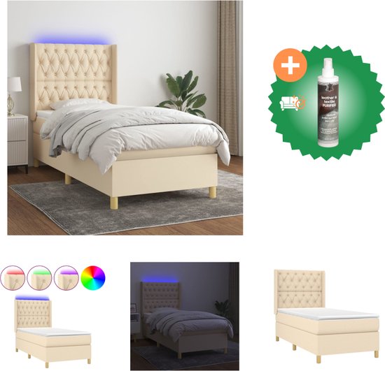 vidaXL Boxspring met matras en LED stof crèmekleurig 80x200 cm - Bed - Inclusief Reiniger