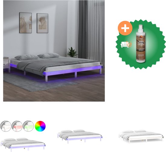 vidaXL Bedframe LED massief hout wit 140x190 cm - Bed - Inclusief Houtreiniger en verfrisser