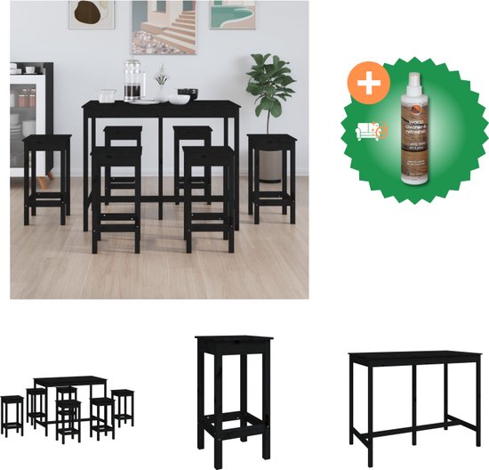 vidaXL 7-delige Barset massief grenenhout zwart - Set tafel en stoelen - Inclusief Houtreiniger en verfrisser