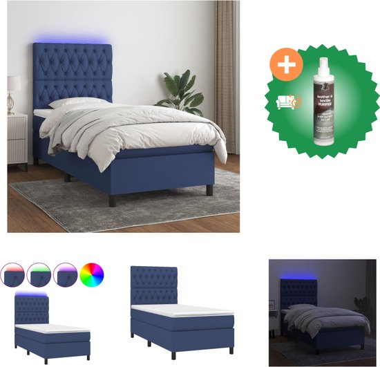 vidaXL Boxspring met matras en LED stof blauw 100x200 cm - Bed - Inclusief Reiniger