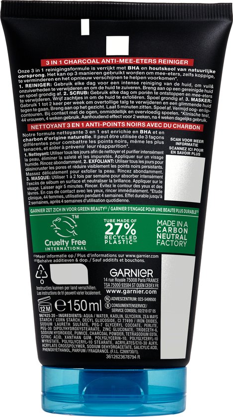 Garnier Pure Active 3in1 Gezichtsreiniger met Charcoal – Houtskool Gezichtsmasker, Gezichtsscrub én gezichtsreiniger in een - 150ml - Garnier
