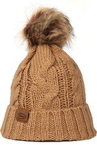 Licht camel wintermuts voor dames - gebreide muts met pompon - zandkleur - one size - I'm Dutch