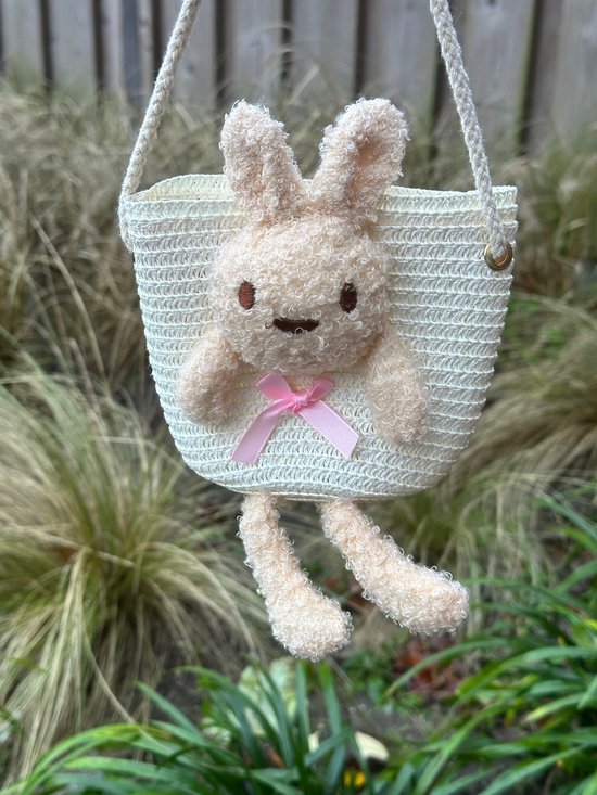 Kindertasje - Kinder schoudertas - Meisjetasje - Tasje van riet met konijn - Kindertasje met konijn