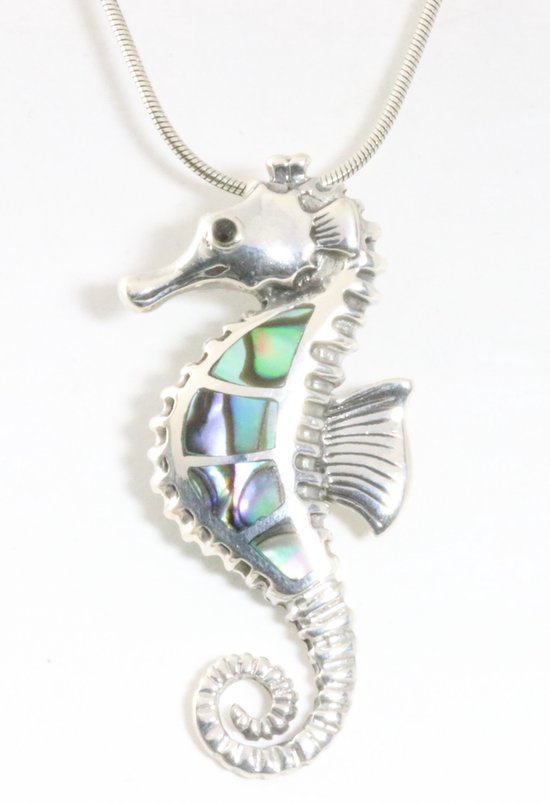 Zilveren zeepaardje met abalone schelp aan ketting
