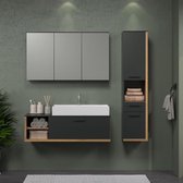 SYNNAX Salle de bain complète - Meuble bas + lavabo + meuble 3 portes - Mélamine Grijs et chêne - TRENDTEAM