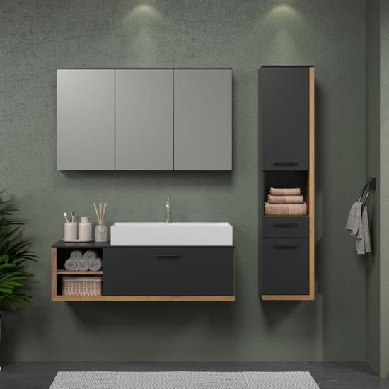 SYNNAX Complete badkamer - Onderkast + wastafel + 3-deurs kast - Grijs en eiken melamine - TRENDTEAM