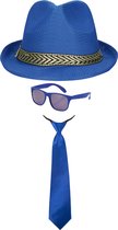 Toppers - Carnaval verkleedset Men in blue - hoed/zonnebril/party stropdas - blauw - heren/dames - verkleedkleding accessoires