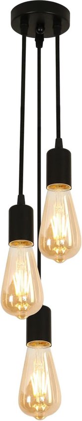 Goeco Hanglamp - 55cm - Groot - E27 - 3 Vlammen Ijzeren Kroonluchter - Vintage Industriële - Zwarte - Geen Lamp