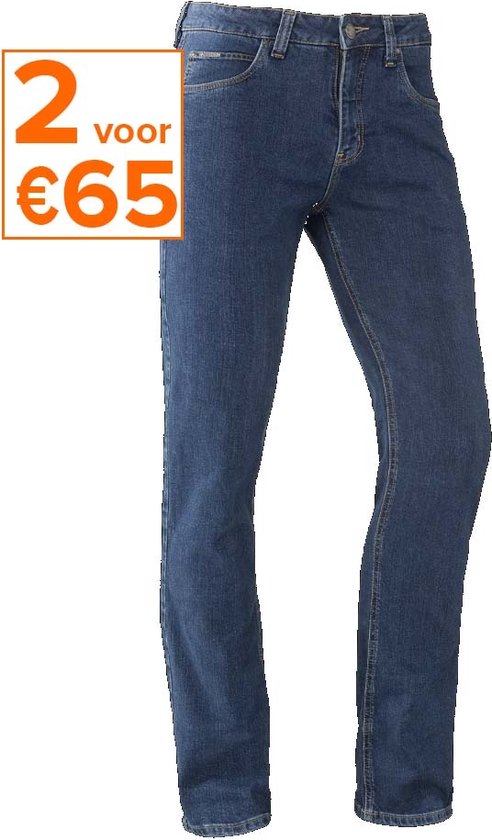 Blauwe denim jeans met oranje "2 voor €65" sticker.