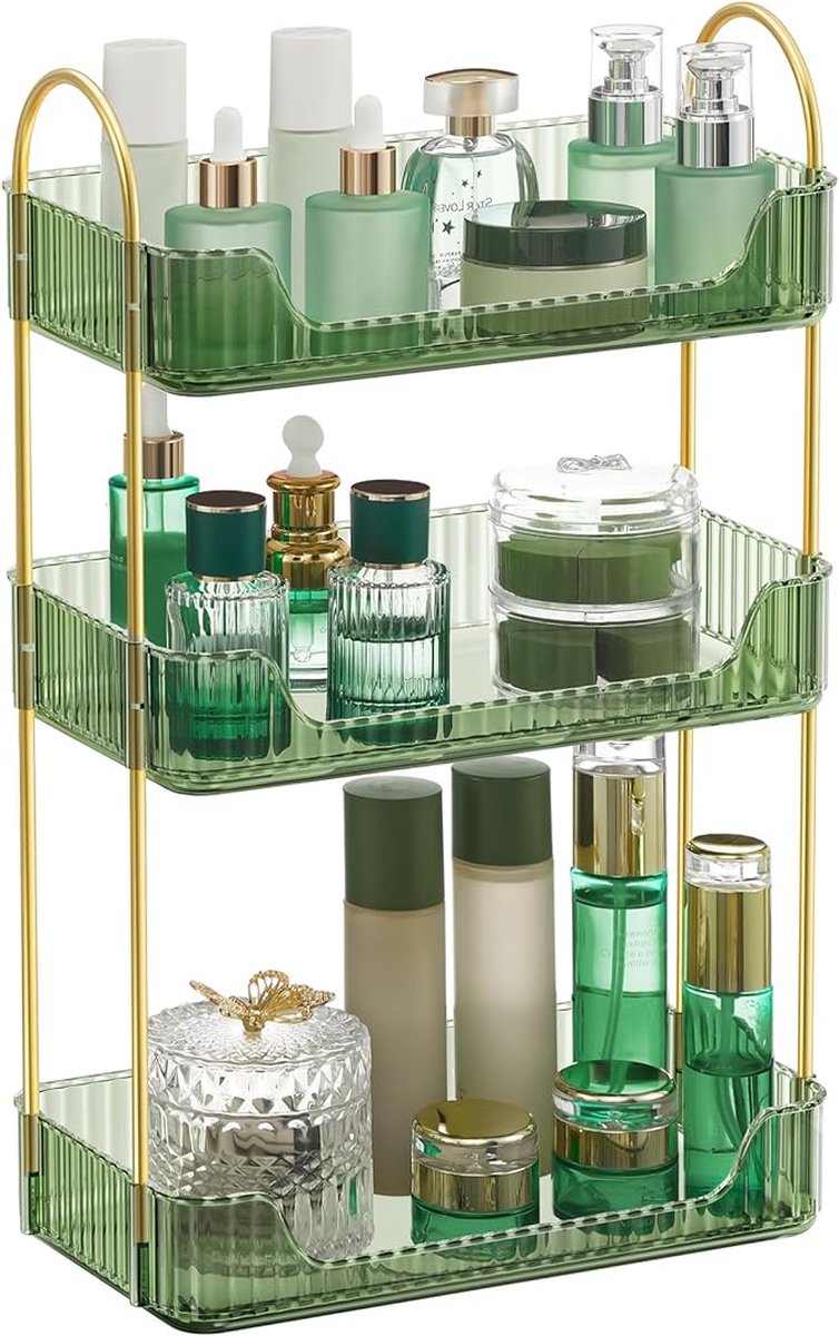 Make-uporganizer, 2 soorten optionele accessoires, 3-laags huidverzorgingsorganizer, rechthoekig, aanpasbaar, sieradenhouder, voor ijdelheid, cadeau, lichtgroen