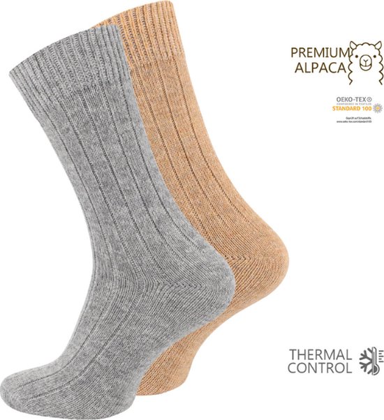 2 paar Wollen sokken met Alpacawol - Fijn gebreid - Unisex - Grijs-Beige - Maat 43-46