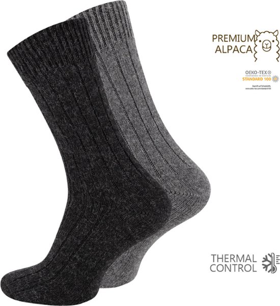 2 paar Wollen sokken met Alpacawol - Fijn gebreid - Unisex - Antraciet-Grijs - Maat 43-46