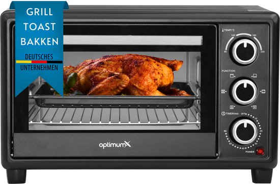 OptimumX Vrijstaande Oven - 20L - Kleine Oventje - Pizzaoven - Mini Oven - Hetelucht - Timer - Zwart - 1380 Watt