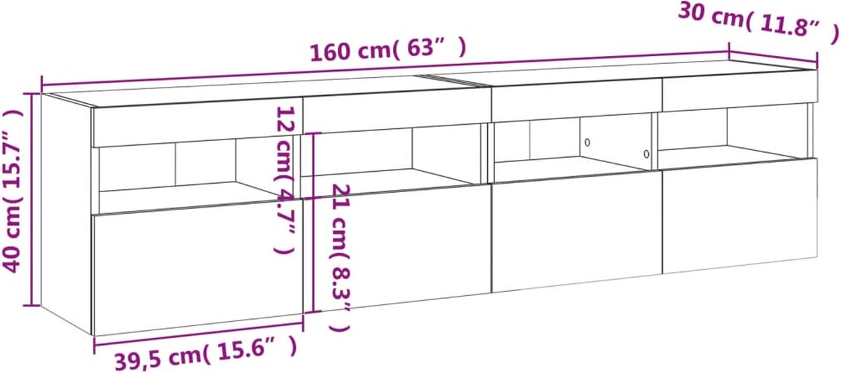 Tv-wandmeubels met LED 2 st 40x30x60,5 cm grijs sonoma eiken