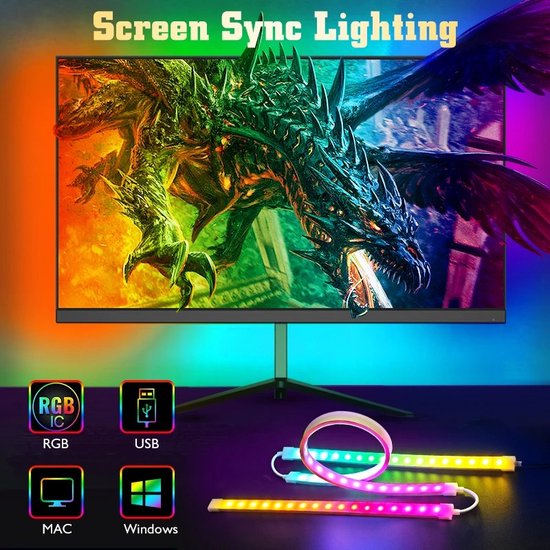Beroli.- Lichtstrip met afstandsbediening - met App - RGB - Ambilight - Voor PC - Monitor - Screen Sync - Gaming - Gameroom - Gamekamer - Game spullen - Accessoires voor gamer