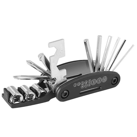 Zwart multifunctioneel fietsgereedschap met metalen inzetstukken en nummerindicaties.