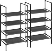 Schoenenrek met 4 niveaus, 2 stuks, schoenenrek, metalen frame, planken van vlies, voor entree, slaapkamer, woonkamer, 45 x 28 x 80 cm, zwart