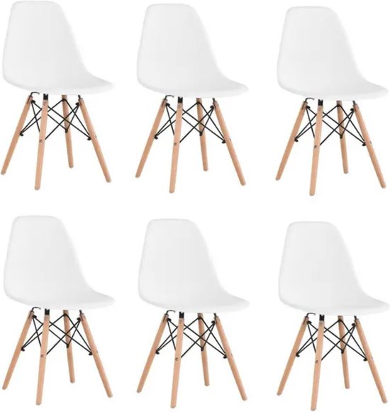 directly set van 6 eetkamerstoelen - wit - nordic stijl - houten voeten - plastic