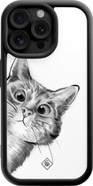 Casimoda® hoesje - Geschikt voor iPhone 15 Pro Max - Kat Kiekeboe - Effen telefoonhoesje met lensbescherming - TPU - Backcover - Zwart