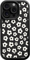 Casimoda® hoesje - Geschikt voor iPhone 14 Pro - Retro Bloempjes - Effen telefoonhoesje met lensbescherming - TPU - Backcover - Zwart