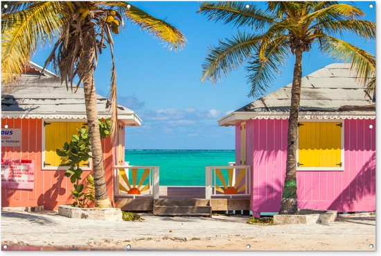 Muurdecoratie Kleurrijke strandhutjes Caraiben - 180x120 cm - Tuinposter - Tuindoek - Buitenposter
