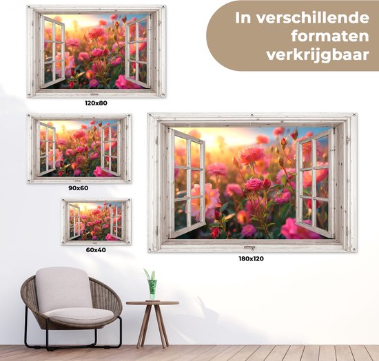 Tuinposter doorkijk bloemen - Wit raam - Tuindecoratie roze rozen - 120x80 cm - Poster voor in de tuin - Buiten decoratie - Schutting tuinschilderij - Tuindoek muurdecoratie - Wanddecoratie balkondoek