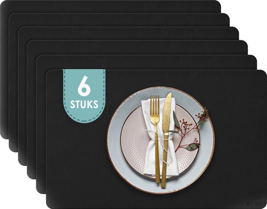 Luxify Lederlook Placemats - Dubbelzijdig - Placemat voor op tafel - 45 x 30 cm - Onderlegger - 6 Stuks - Zwart