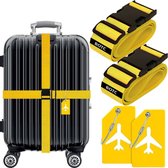BOTC Sangle de valise avec étiquette de valise - Ensemble de 4 sangles de valise - 2 sangles de valise et 2 étiquettes de bagage - sangles de bagages - Sangle de bagage - Ajustable - Jaune