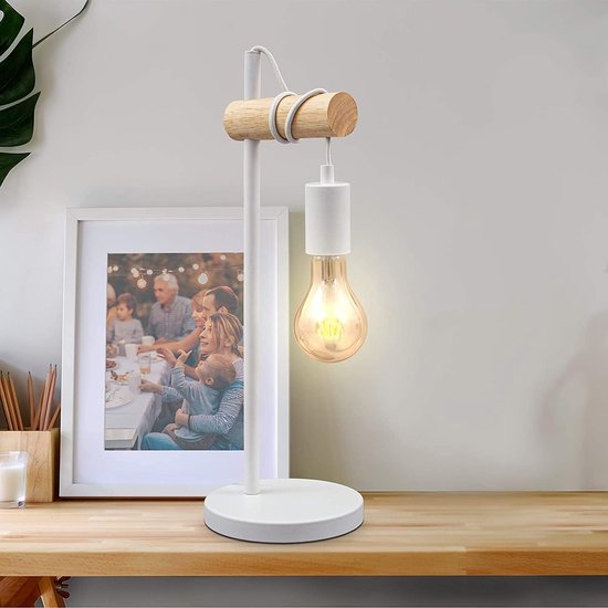 Delaveek-Vintage industriële bedlamp -E27 tafellamp-Hout+metaal-geschikt voor slaapkamer, studeerkamer en slaapzaal, wit
