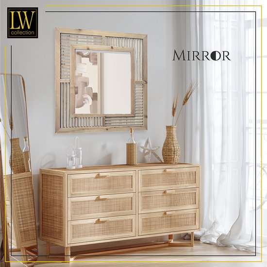 LW Collection wandspiegel bruin vierkant 60x60 cm hout - grote spiegel muur - industrieel - woonkamer gang - badkamerspiegelmuurspiegel slaapkamer houten rand - hangspiegel met luxe design
