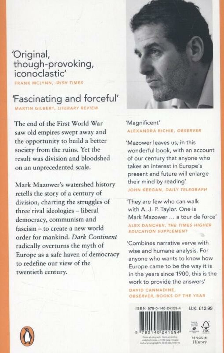 Achterkant van het boek 'Dark Continent' met recensies en een portret van Mark Mazower.