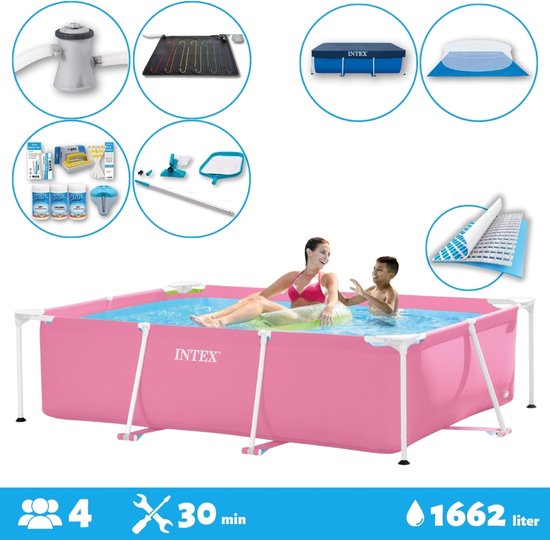 Roze Intex frame zwembad 220 x 150 x 60 cm met vrouw en kind, inclusief pomp, solarcover en onderhoudsaccessoires.