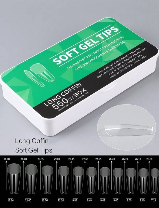 Soft gel tips - Full cover tips - Plaknagels - Nepnagels - 550 stuks - Long Coffin