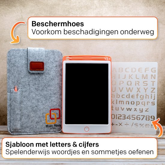 Roze tekentablet met grijze beschermhoes en alfabet-sjabloon.