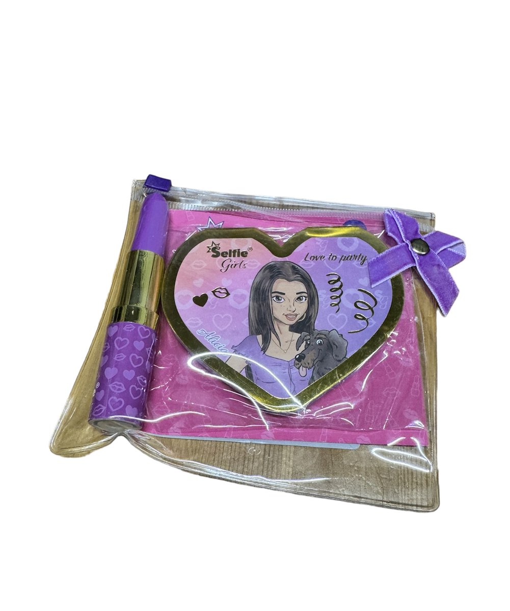 Selfie Girls notitieboekje met lipstick pen en spiegel - cadeau - meisje - paars