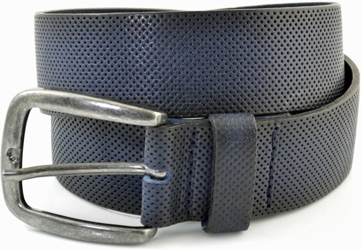 BLAUWE CASUAL RIEM VAN 4CM BREED MET GAATJESPRINT. ITALIAANS NERFLEER EN NIKKELVRIJE GESP. MAAT 115