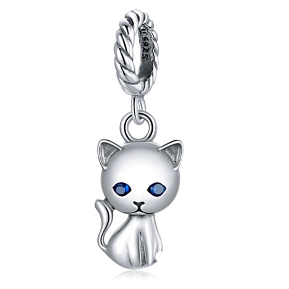 Poezelig - Zilveren Bedel - Kat - Schattig Kitten - Blauwe Ogen - Dangle - 925 Sterling Zilver - Charm - Past op Pandora armband - Kado Idee - Katten Liefhebber