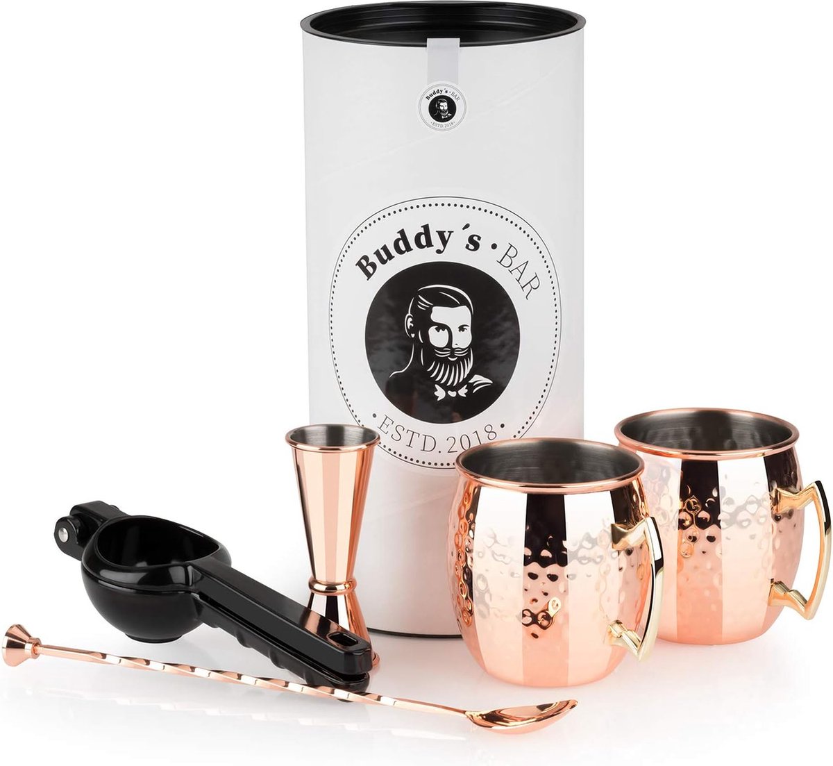 Complete set Moskou 2 x 500 ml cocktailmokken 27 cm barlepel 5 cl maatmaat en zwarte limoenpers Food Grade cocktailbekerset inclusief geschenkdoos koper gehamerd