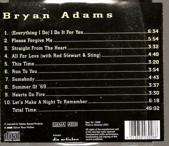 Bryan Adams albumtracklist, inclusief Everything I Do I Do It For You.