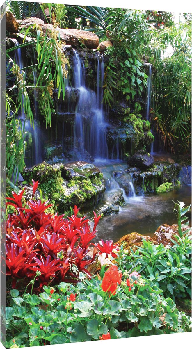 Canvas Schilderij - Waterval in jungle - Natuur - Landschap - Bomen - Uitzicht - Planten - Schilderij Woonkamer - Schilderijen op canvas - Inclusief Frame - 100x75cm (LxB)