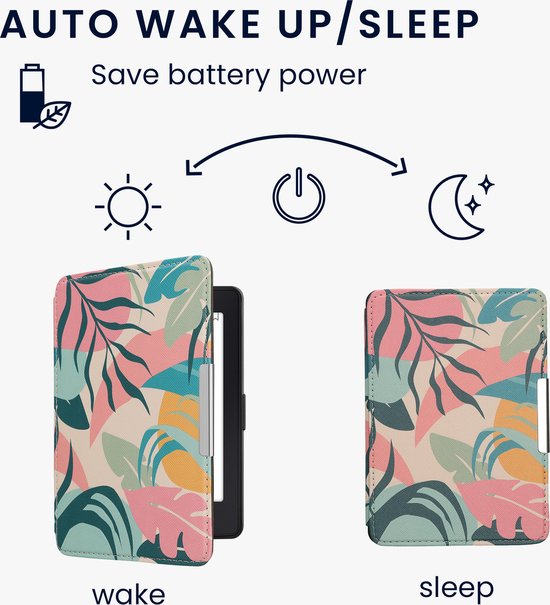 kwmobile e-reader hoesje geschikt voor Amazon Kindle Paperwhite hoes - E reader flip case met magnetische sluiting - Ereader cover - Tropische jungle design in poederroze / geel / groen van kwmobile — afbeelding 3