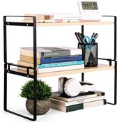 Belle Vous Wooden Desktop Organiser Shelf - Stackable 2-Tier Storage Rack for Home Table, Kitchen or Desk - Freestanding Display Shelf for Books, Decor or Office Supplies - Brown and Black