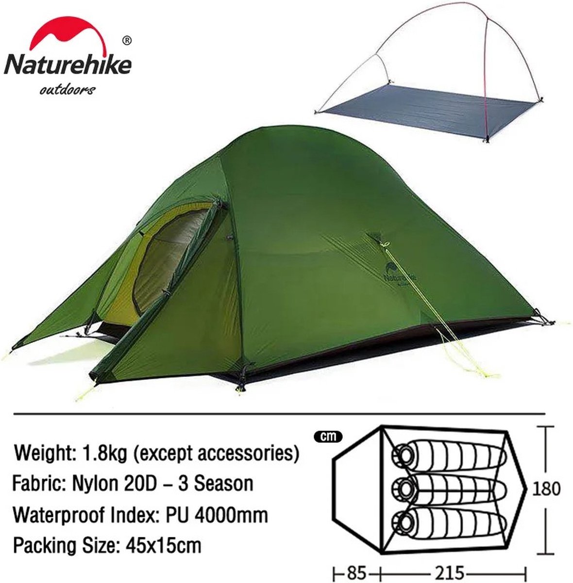 Clixify Naturehike Campingtent - 1-persoons tent Donkergroen Camouflage - Tipitent - Lichtgewicht tent - 20D nylon - 4000MM - Trekkerstent en trekking tent - 1 persoons lichtgewicht